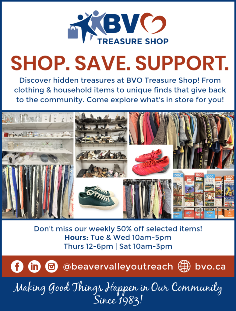 Promotional poster for BVO Treasure Shop advertising thrift items to shop, save, and support the community.