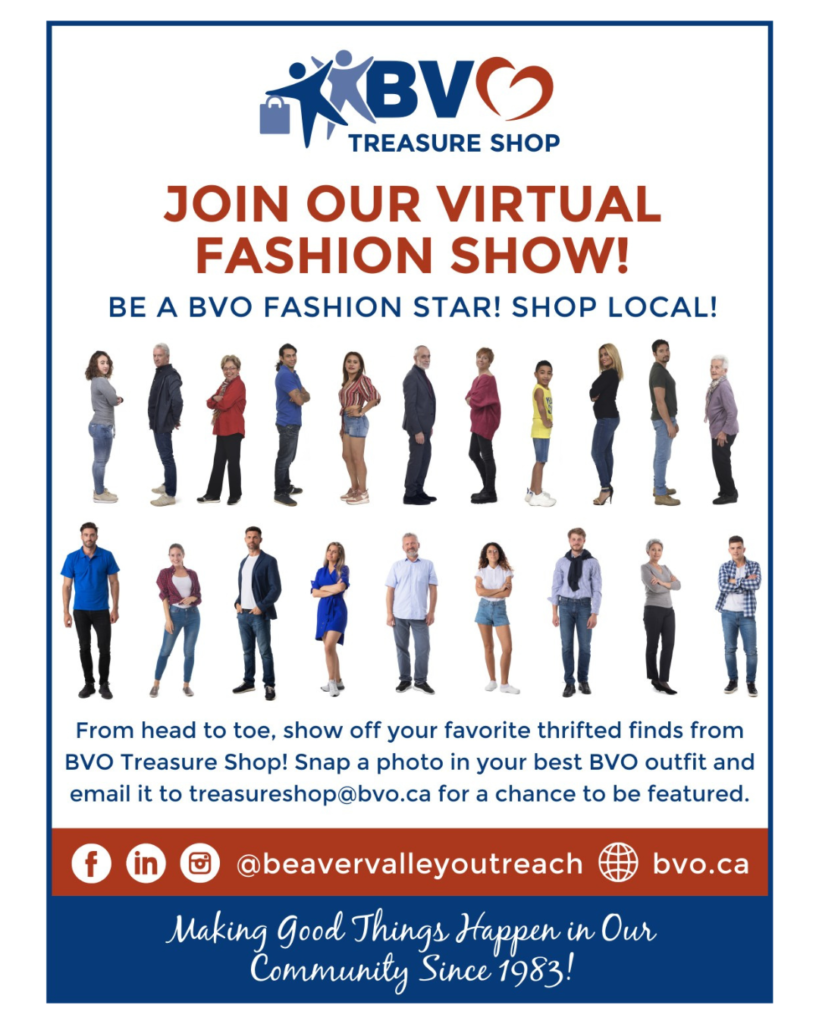Poster promoting a virtual fashion show by BVO Treasure Shop; lineup of diverse people in a row, bold red header text, and blue bottom banner with contact info.