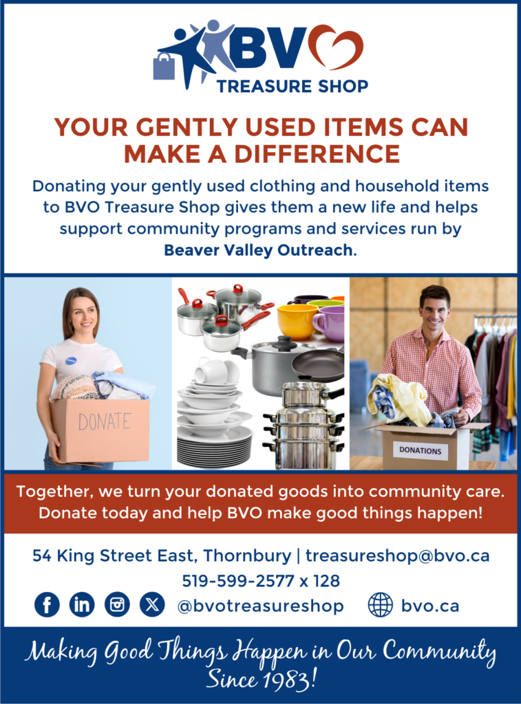 Poster for BVO Treasure Shop encouraging donations of gently used items; features a donor with a donation box, a collage of kitchenware, and a man with a donations box, plus contact info and slogan.