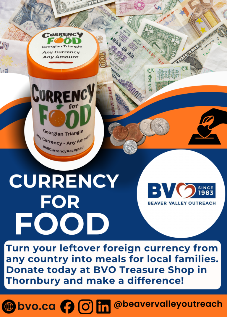 Promotional poster for Beaver Valley Outreach’s 'Currency for Food': an orange donation can labeled Currency for Food, with coins and banknotes in the background, bold 'CURRENCY FOR FOOD' text, and donation instructions/promotional branding.