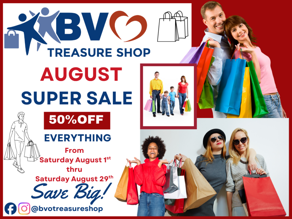 Poster advertising BVO Treasure Shop August sale: 50% off everything from August 1 to 29, with shoppers holding colorful bags.